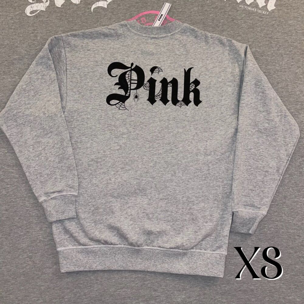 Victoria’s Secret PINK Gray Crewneck Black Spiderweb Halloween Logo Fleece